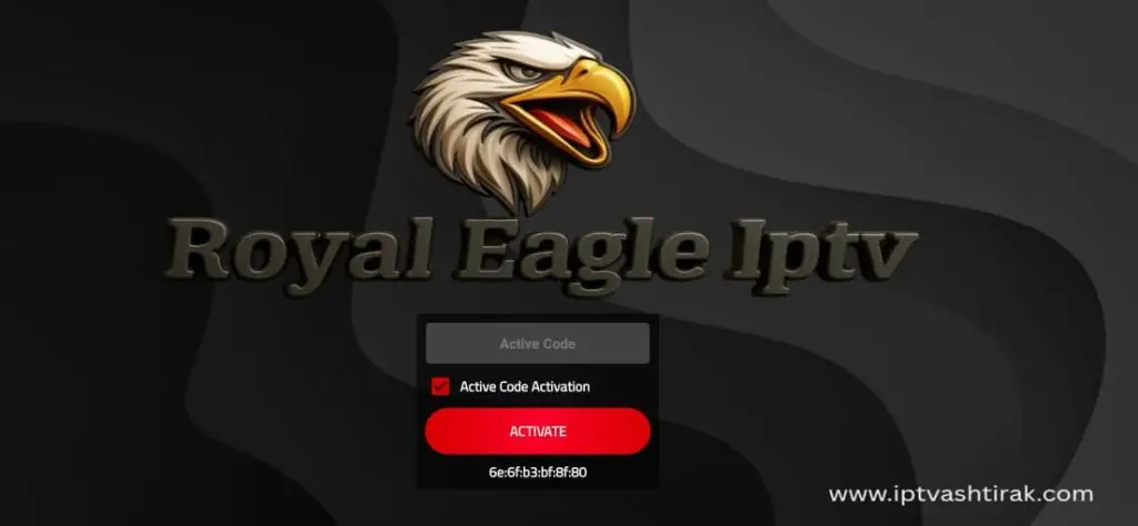 Screenshot of a Best Iptv Server Subscription Royal Eagle Iptv displaying a text interface with the Royal Eagle IPTV logo and activation code, featuring graphic design elements.