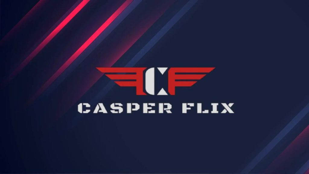 A logo featuring the text "CASPER FLIX" displayed on an electric blue background. The image features a logo titled "CASPER FLIX" prominently displayed on a vibrant blue background. The design showcases modern graphic elements, utilizing bold typography that aligns with brand aesthetics. This creates an eye-catching visual appeal suitable for branding purposes.