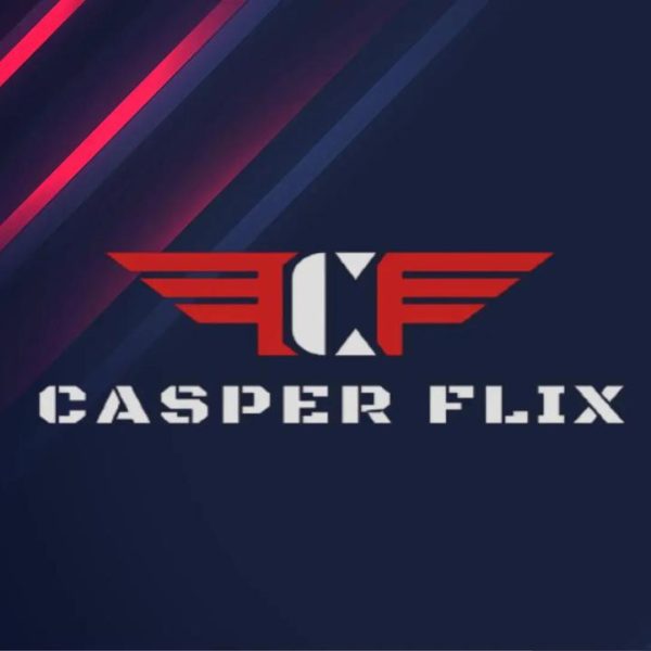 A logo featuring the text "CASPER FLIX" displayed on an electric blue background. The image features a logo titled "CASPER FLIX" prominently displayed on a vibrant blue background. The design showcases modern graphic elements, utilizing bold typography that aligns with brand aesthetics. This creates an eye-catching visual appeal suitable for branding purposes.