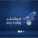 A blue background featuring an illustration of a bird and a football. The word "VULTURE" is prominently displayed in stylized text. The image features a blue background with a bird and a football. The text displayed is "فولتشر VULTURE," indicating a possible logo or brand name. The design includes elements of graphic design, showcasing the text in an appealing font.