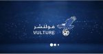 A blue background featuring an illustration of a bird and a football. The word "VULTURE" is prominently displayed in stylized text. The image features a blue background with a bird and a football. The text displayed is "فولتشر VULTURE," indicating a possible logo or brand name. The design includes elements of graphic design, showcasing the text in an appealing font.