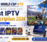 FIFA World Cup IPTV advertisement featuring a large TV displaying sports events and information about the best IPTV subscription for 2026, including top services for sports, movies, and adult channels.