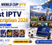 FIFA World Cup IPTV advertisement featuring a large TV displaying sports events and information about the best IPTV subscription for 2026, including top services for sports, movies, and adult channels.