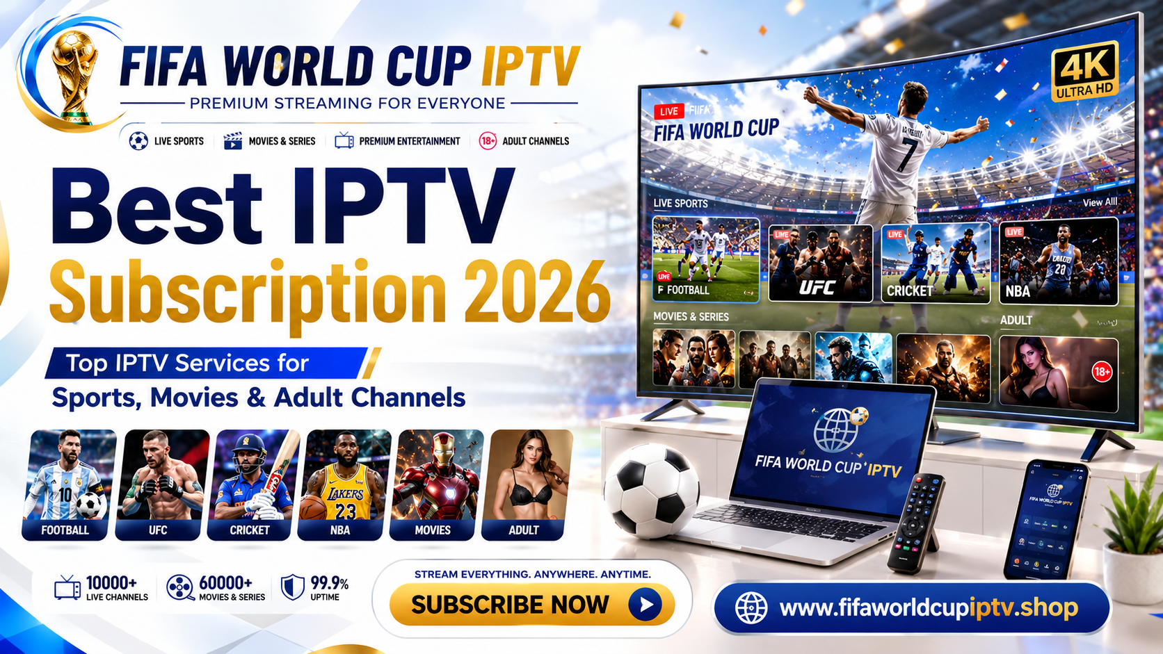 A promotional graphic for FIFA World Cup IPTV featuring the text "Best IPTV Subscription 2026," images of various sports, and information about top IPTV services for sports, movies, and adult channels.