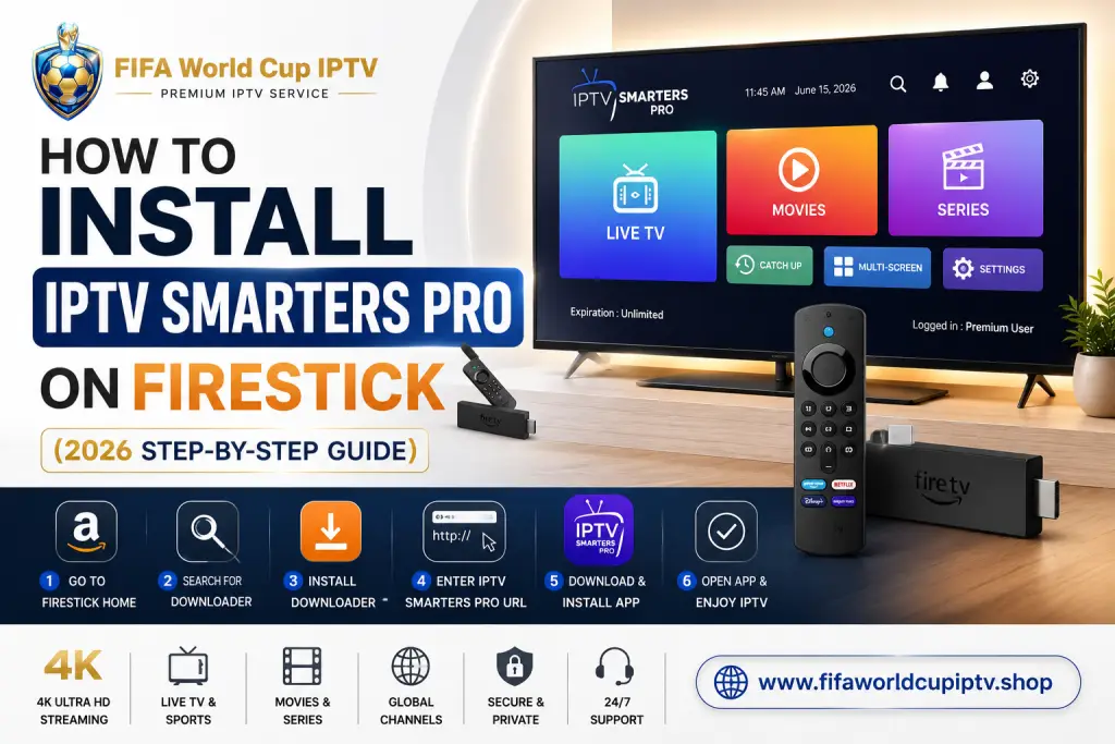 How to install IPTV Smarters Pro on Firestick (2026 step-by-step guide) featuring a remote control and information about various streaming options like live TV, movies, and series.