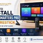 How to install IPTV Smarters Pro on Firestick (2026 step-by-step guide) featuring a remote control and information about various streaming options like live TV, movies, and series.