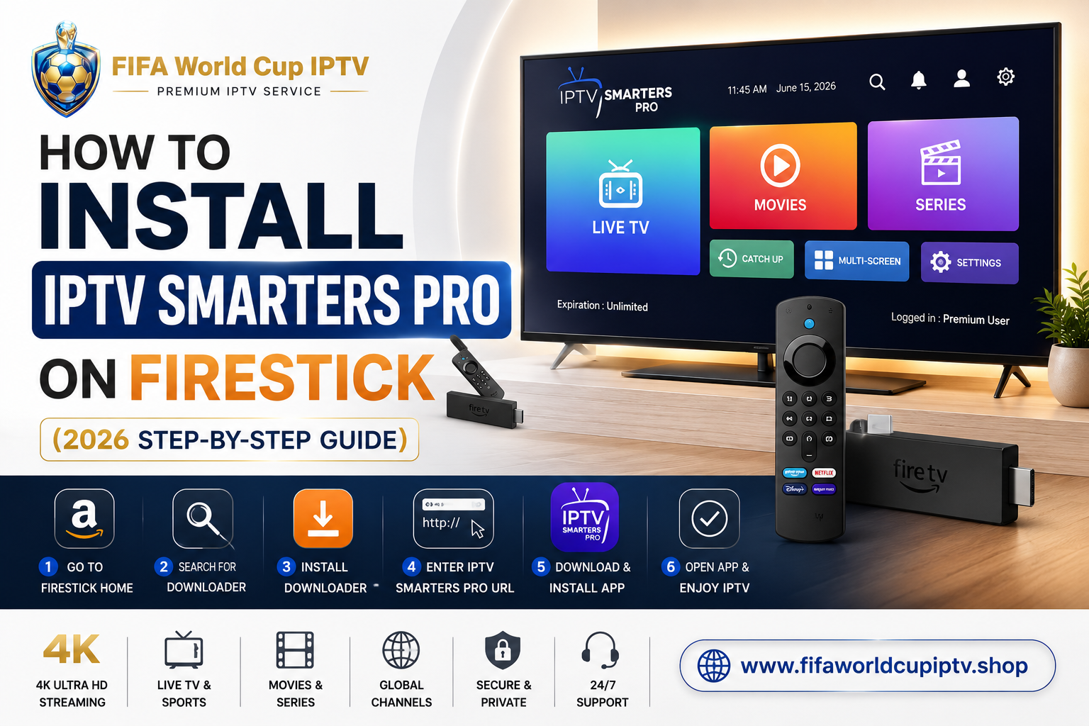 How to install IPTV Smarters Pro on Firestick (2026 step-by-step guide) featuring a remote control and information about various streaming options like live TV, movies, and series.
